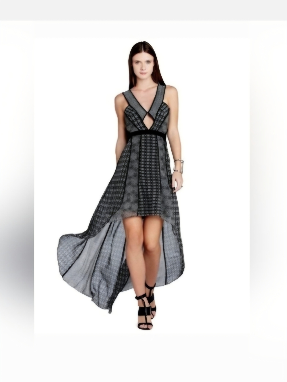 BCBGMaxAzria Black & Gray Patterned High-Low V-Neck Dress